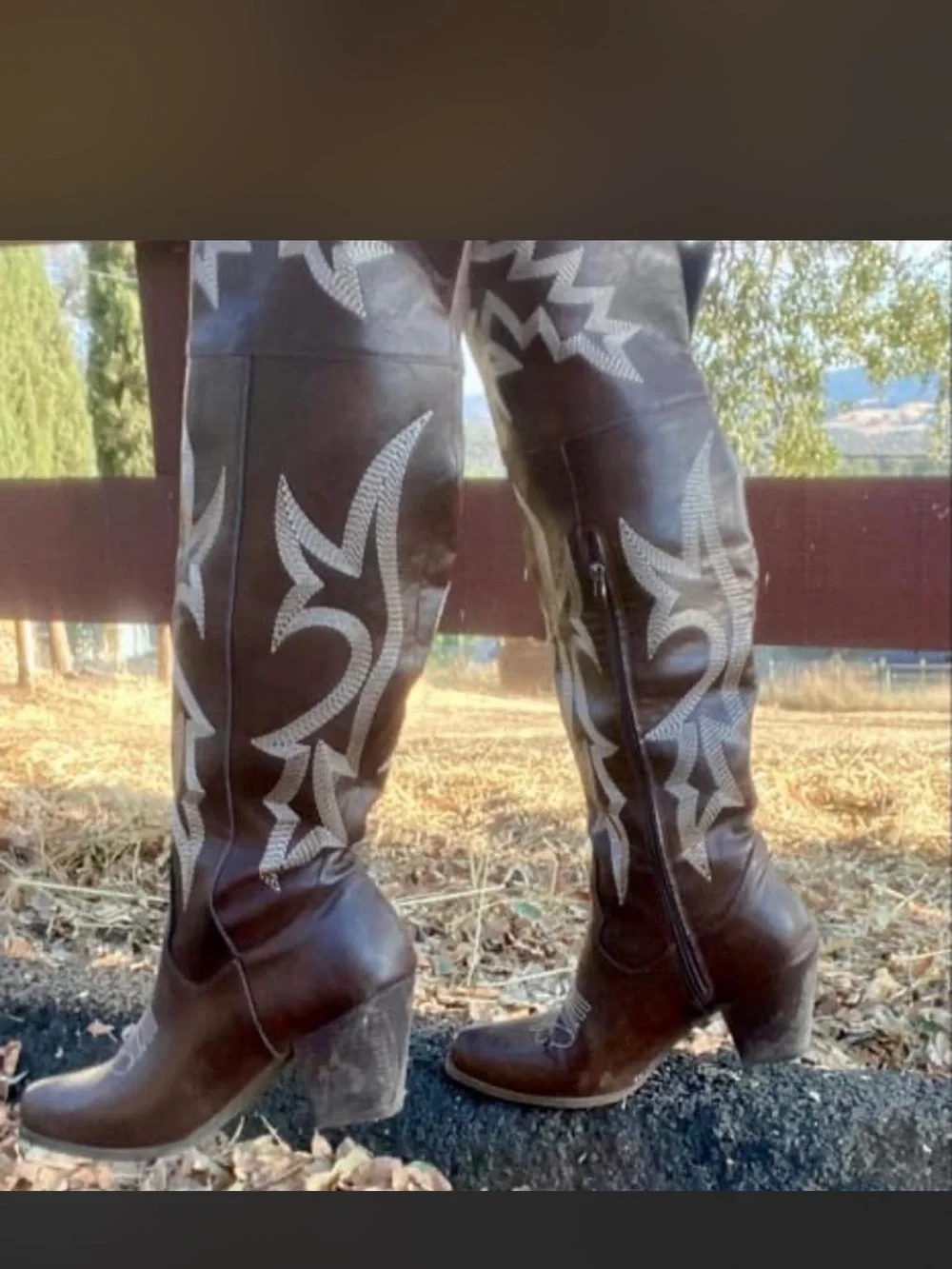Brown Embroidered Western Knee-High Boots